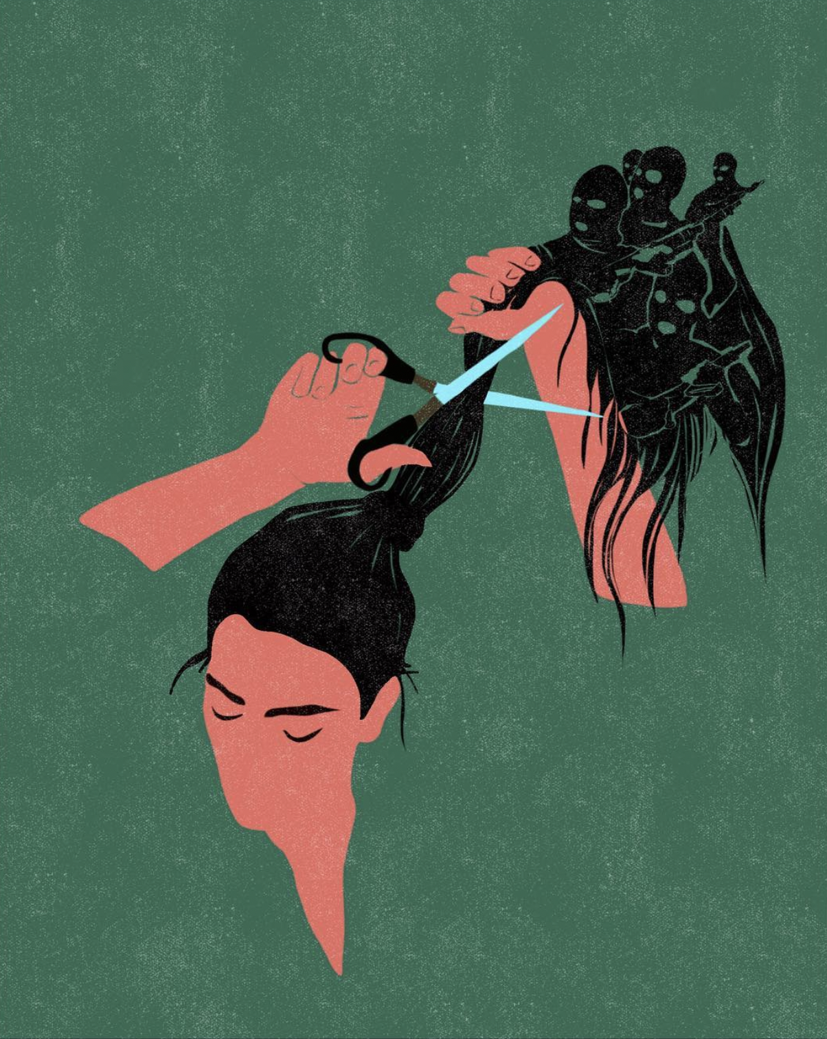 A comic-style image of a woman cutting off her ponytail.