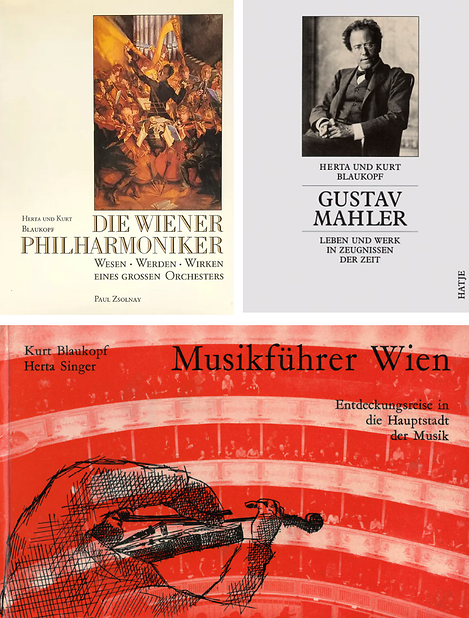 You can see a collage of three book covers. In the upper half of the picture, you can see the works "The Vienna Philharmonic: essence, development, impact of a great orchestra" and "Gustav Mahler: Life and work in the testimonies of time". The lower half of the picture is taken up by the bright red cover of the "Music guide to Vienna".