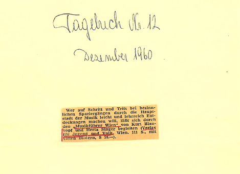 Sie sehen einen Zeitungsausschnitt, auf dem folgender Text steht: Wer auf Schritt und Tritt bei besinnlichen Spaziergängen durch die Hauptstadt der Musik leicht und lehrreich Entdeckungen machen will, lässt sich durch den "Musikführer Wien" von Kurt Blaukopf und Herta Singer begleiten (Verlag für Jugend und Volk, Wien. 111 Seiten, mit vielen Bildern, 58 Schilling)